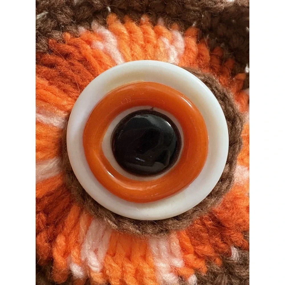 Handmade Crocheted Owl Towel Holder White Brown Orange Retro Vintage MCM Decor